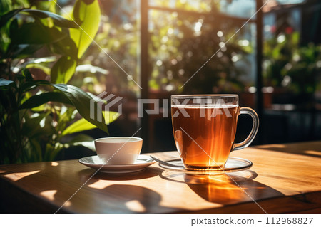 a cup of tea on the table in the garden 112968827