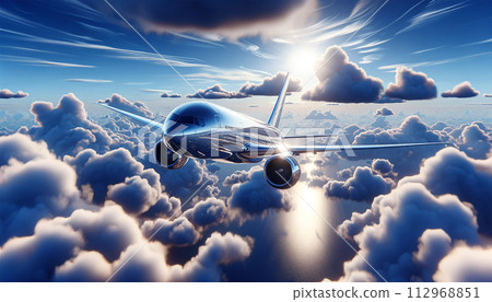 Passenger plane flying with the morning sun in the background 112968851