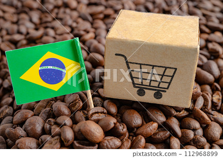 Brazil flag with shopping cart on coffee bean, import export trade online commerce concept. Brazil flag with shopping cart on coffee bean, import export trade online commerce concept. 112968899