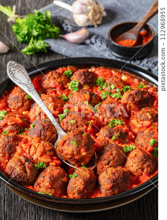 Albondigas, mexican meatballs in dish, top view Albondigas, mexican meatballs in dish, top view 112968955