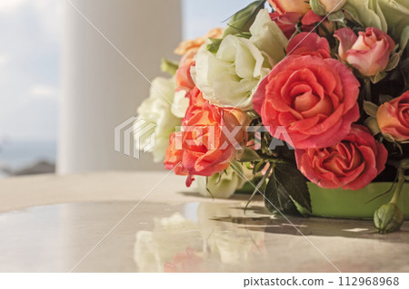 Bouquet of white and scarlet roses and eustoma Bouquet of white and scarlet roses and eustoma 112968968