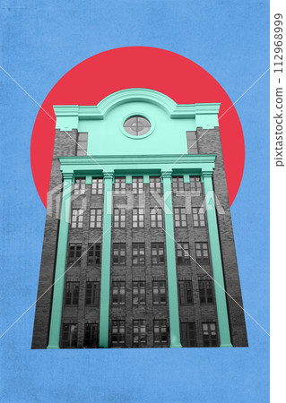 Poster. Contemporary art collage. Building facade with aqua and grey tones. Vibrant abstract design. Poster. Contemporary art collage. Building facade with aqua and grey tones. Vibrant abstract design. 112968999