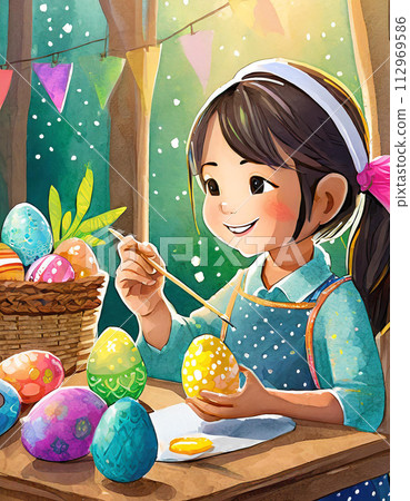 Girl uses a paintbrush to paint easter eggs in art room 112969586