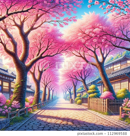 街角兩旁都是櫻花樹 112969588