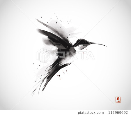 Ink wash painting of hummingbird in flight. Traditional oriental ink painting sumi-e, u-sin, go-hua. Hieroglyph - grace. Ink wash painting of hummingbird in flight. Traditional oriental ink painting sumi-e, u-sin, go-hua. Hieroglyph - grace. 112969692