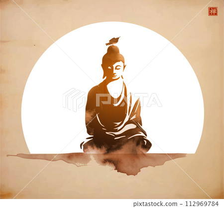 Ink wash painting of Buddha in meditation on vintage background. Traditional oriental ink painting sumi-e, u-sin, go-hua. Translation of hieroglyph - zen. 112969784