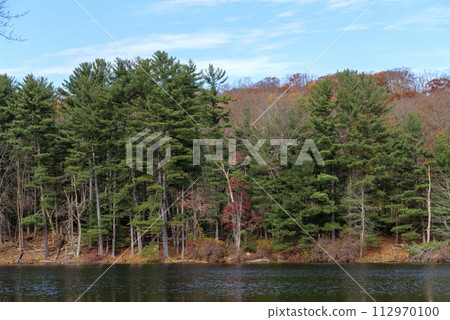 Autumn lake reflecting on a blue sky background and forest landscape Autumn lake reflecting on a blue sky background and forest landscape 112970100