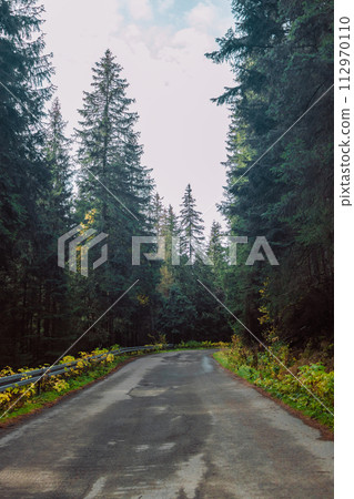 Idyllic view along the path. Mountain landscape with hiking trail and view of beautiful lakes Morskie oko or sea eye lake In High Tatras, Tatra National Park in Poland. 112970110