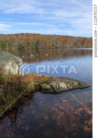 Autumn lake reflecting on a blue sky background and forest landscape Autumn lake reflecting on a blue sky background and forest landscape 112970157