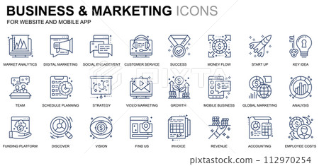 Simple Set Business and Marketing Line Icons for Website and Mobile Apps. Contains such Icons as Vision, Mission, Planning, Market. Conceptual color line icon. Pictogram pack. 112970254