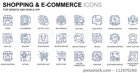 Simple Set Shopping and E-Commerce Line Icons for Website and Mobile Apps. Contains such Icons as Delivery, Payment Method, Store, Commerce. Conceptual color line icon. Pictogram pack. Simple Set Shopping and E-Commerce Line Icons for Website and Mobile Apps. Contains such Icons as Delivery, Payment Method, Store, Commerce. Conceptual color line icon. Pictogram pack. 112970260