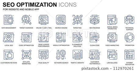 Simple Set Seo and Web Optimization Line Icons for Website and Mobile Apps. Contains such Icons as Target, Marketing, Traffic Growth. Conceptual color line icon. Pictogram pack. 112970261
