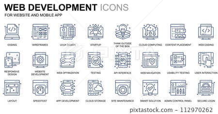 Simple Set Web Disign and Development Line Icons for Website and Mobile Apps. Contains such Icons as Coding, App Development, Usability. Conceptual color line icon. Pictogram pack. 112970262
