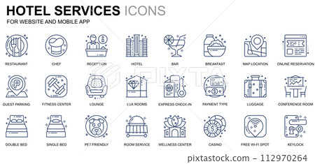 Simple Set Hotel Service Line Icons for Website and Mobile Apps. Contains such Icons as Restaurant, Room Services, Reception. Conceptual color line icon. Pictogram pack. 112970264