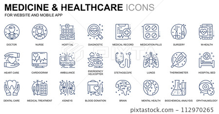 Simple Set Healthcare and Medicine Line Icons for Website and Mobile Apps. Contains such Icons as Doctor, Hospital, Medical Equipment. Conceptual color line icon. Pictogram pack. Simple Set Healthcare and Medicine Line Icons for Website and Mobile Apps. Contains such Icons as Doctor, Hospital, Medical Equipment. Conceptual color line icon. Pictogram pack. 112970265