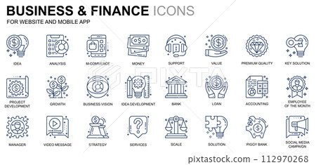 Simple Set Business and Finance Line Icons for Website and Mobile Apps. Contains such Icons as Analysis, Money, Accounting, Strategy, Bank. Conceptual color line icon. Pictogram pack. Simple Set Business and Finance Line Icons for Website and Mobile Apps. Contains such Icons as Analysis, Money, Accounting, Strategy, Bank. Conceptual color line icon. Pictogram pack. 112970268