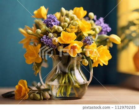 AI-generated content. A vibrant bouquet of yellow and purple flowers in a vase 112970285