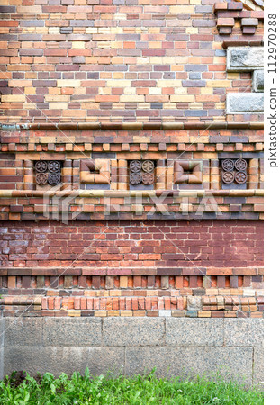 Old red brickwork with decorative pattern of the Cathedral of the Nativity of the Blessed Virgin (1900) in Lyubytino, Russia Old red brickwork with decorative pattern of the Cathedral of the Nativity of the Blessed Virgin (1900) in Lyubytino, Russia 112970288