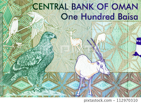 Eagle, oryx, other animals and birds. Fragment of Oman 100 Baisa 1995 Banknotes Eagle, oryx, other animals and birds. Fragment of Oman 100 Baisa 1995 Banknotes 112970310