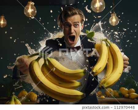 Surprised man in the juice splash with bananas 112970448