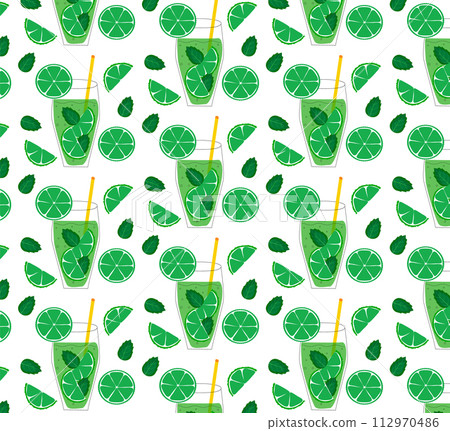 Pattern with cocktail glasses orange, mojito, strawberry. Decor with summer alcoholic drinks. Vector. 112970486