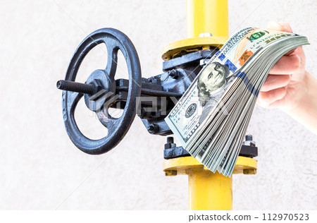 Gas valve on the pipeline of a building and dollar bills in the hand 112970523