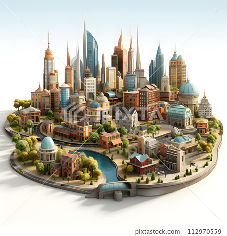 city architecture cityscape urban building modern illustration generative Ai. isometric line town street exterior downtown landscape construction district. isometric architect. 112970559