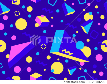 Geometric seamless pattern with 3D shapes in the style of the 80s and 90s. Isometric 3D shapes in Memphis style. Design of promotional products, wrapping paper and printing. Vector illustration 112970658
