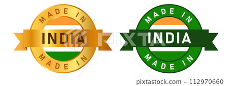 Made in India label stamp for product manufactured by Indian company seal golden ribbon and flag 112970660