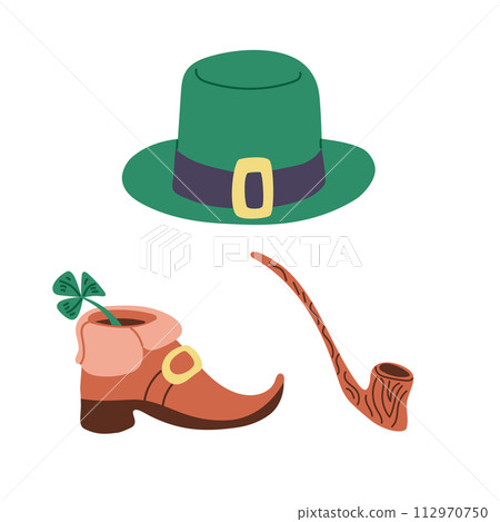 Flat doodle hand drawn leprechauns items. Colored sketchy green leprechauns hat, shoe, smoking pipe and shamrock. Irish celebration concept. Ideal for decoration, stickers, pattern Flat doodle hand drawn leprechauns items. Colored sketchy green leprechauns hat, shoe, smoking pipe and shamrock. Irish celebration concept. Ideal for decoration, stickers, pattern 112970750
