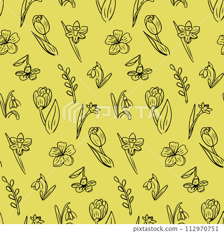 Spring seamless pattern with outline flowers. Black doodle spring branches, snowdrops, tulips, daffodils on yellow color. Spring holiday design for decoration, wrapping, banner Spring seamless pattern with outline flowers. Black doodle spring branches, snowdrops, tulips, daffodils on yellow color. Spring holiday design for decoration, wrapping, banner 112970751
