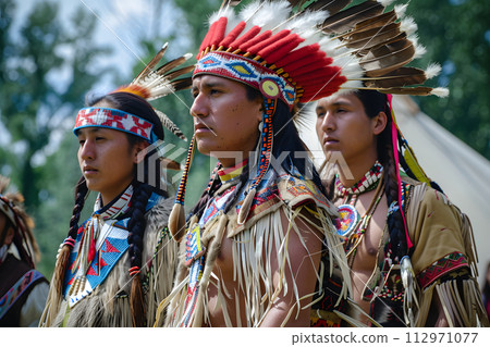 AI-generated content. Indians, US citizens. A group of Native Americans standing side by side showing off traditional clothing 112971077