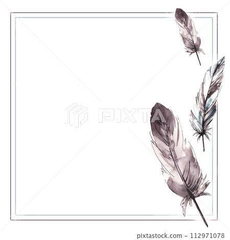 Watercolor hand drawn monochrome square frame. Bird grey gray black feathers with graphic ink line Real wings card template illustration. Clipart for invitation wedding print Isolated white background Watercolor hand drawn monochrome square frame. Bird grey gray black feathers with graphic ink line Real wings card template illustration. Clipart for invitation wedding print Isolated white background 112971078