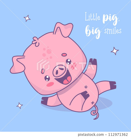 Happy smiling funny little pig. Vector illustration. Card with cartoon kawaii animal character. 112971362