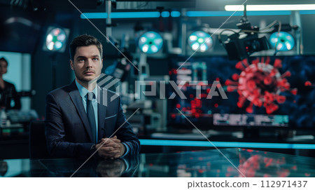 Confident News Anchor Preparing for Broadcast 112971437