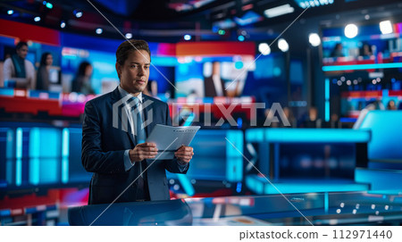 Confident News Anchor Preparing for Broadcast 112971440
