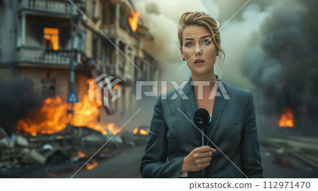 Journalist Reporting Live from a Disaster Scene 112971470