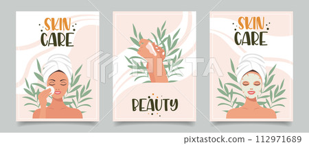 Set of flyers with woman, cosmetics, beauty products. Beauty, skin care, cosmetics, shower concept. Illustration for banner, card, advertising, poster. Vector 112971689