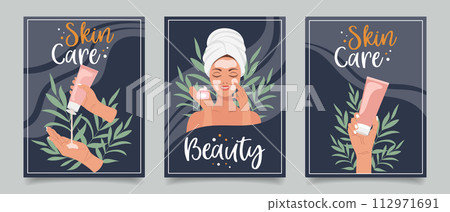 Set of flyers with woman, cosmetics, beauty products. Beauty, skin care, cosmetics, shower concept. Illustration for banner, card, advertising, poster. Vector 112971691