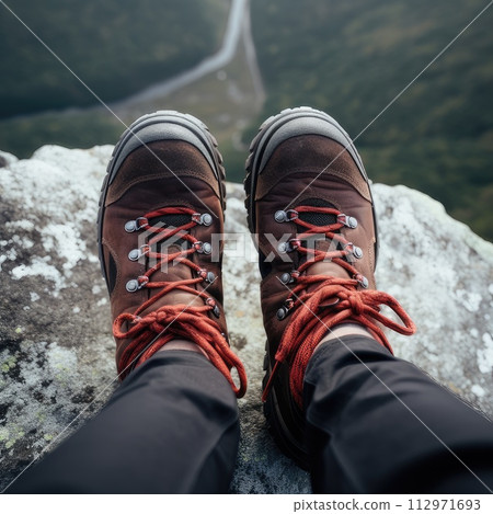 Hiking comfortable boots on a rock in the mountains, top view. AI-generated content 112971693