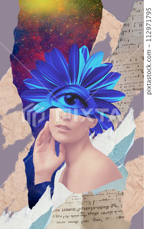 Woman in science. Female astrophysicist, fusion explore space, astronomical objects. Concept of travel - art collage or design about space and research 112971795