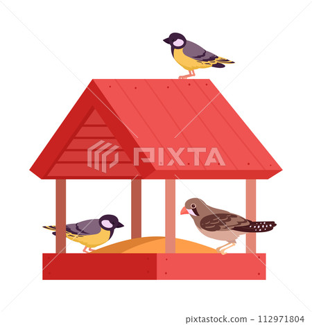 Cartoon bird house. Hand crafted wooden bird house, cute bird nest with feeder flat vector illustration. Red nesting bird house on white Cartoon bird house. Hand crafted wooden bird house, cute bird nest with feeder flat vector illustration. Red nesting bird house on white 112971804