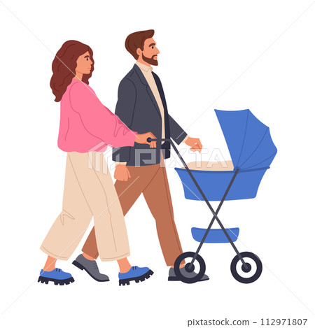 Parents with baby stroller. Mom and dad walking together with newborn child in carriage, family outdoor recreation flat vector illustration. Parenting concept Parents with baby stroller. Mom and dad walking together with newborn child in carriage, family outdoor recreation flat vector illustration. Parenting concept 112971807