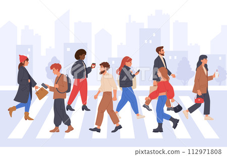 Pedestrians on crosswalk. Diverse people crossing road, male and female characters walking down the street flat vector illustration set. Passersby walking collection 112971808