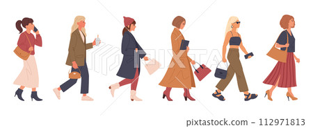 Walking women. Female characters going shopping, office or walking, pedestrians walk, girls walk together flat vector illustration set. Women diverse group on walk Walking women. Female characters going shopping, office or walking, pedestrians walk, girls walk together flat vector illustration set. Women diverse group on walk 112971813