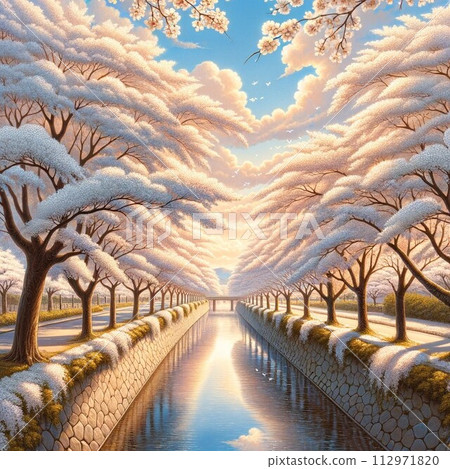 河邊一排排白色的櫻花樹 河邊一排排白色的櫻花樹 112971820