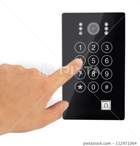 Finger Pressing Code on Security Keypad, Intercom Finger Pressing Code on Security Keypad, Intercom 112971864