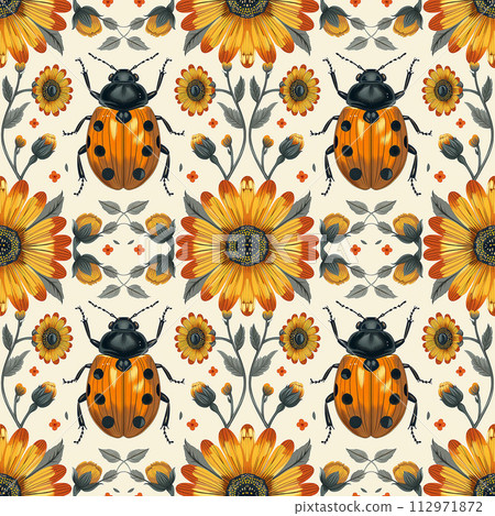 Ladybug and Daisies Pattern on White Background 112971872
