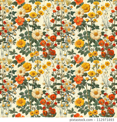 Vibrant Floral Pattern With Orange, Yellow, and Red Flowers 112971893