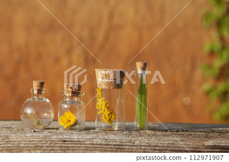 Natural Essential Oils and Herbs in Bottles 112971907